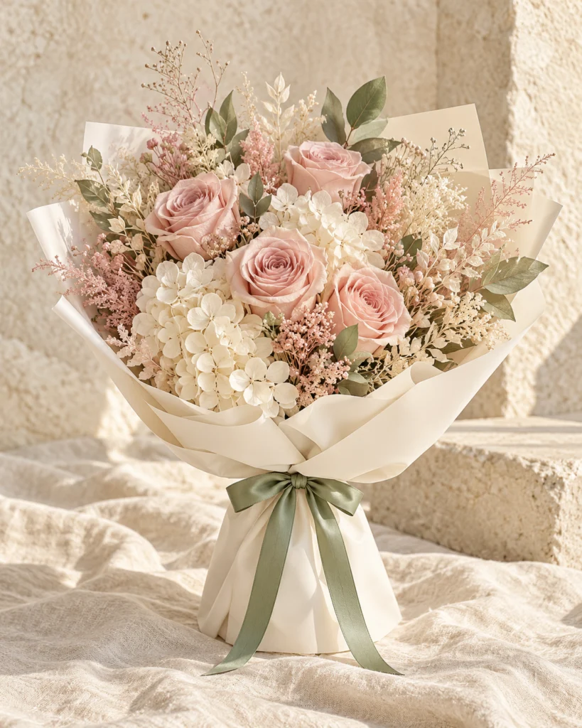 Soft blush roses in a carefully wrapped preserved bouquet