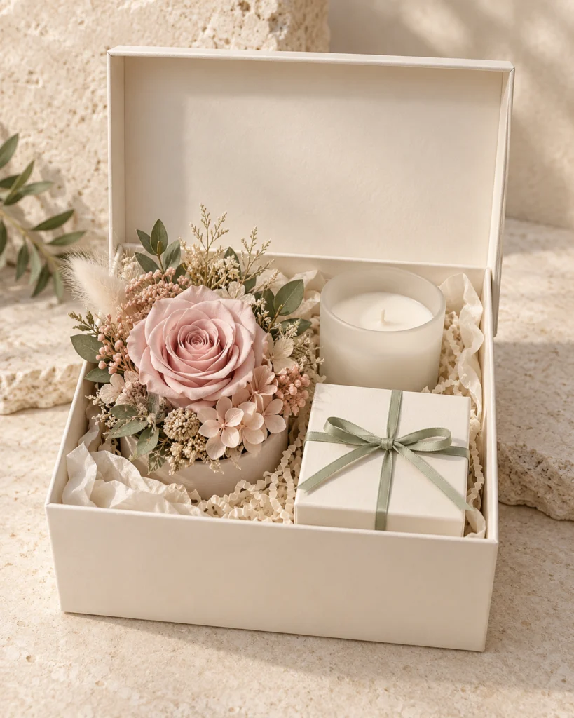 An ivory gift set with preserved roses and a candle