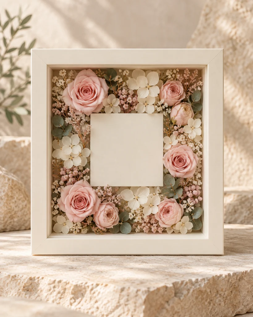 An ivory floral keepsake frame with blush preserved flowers